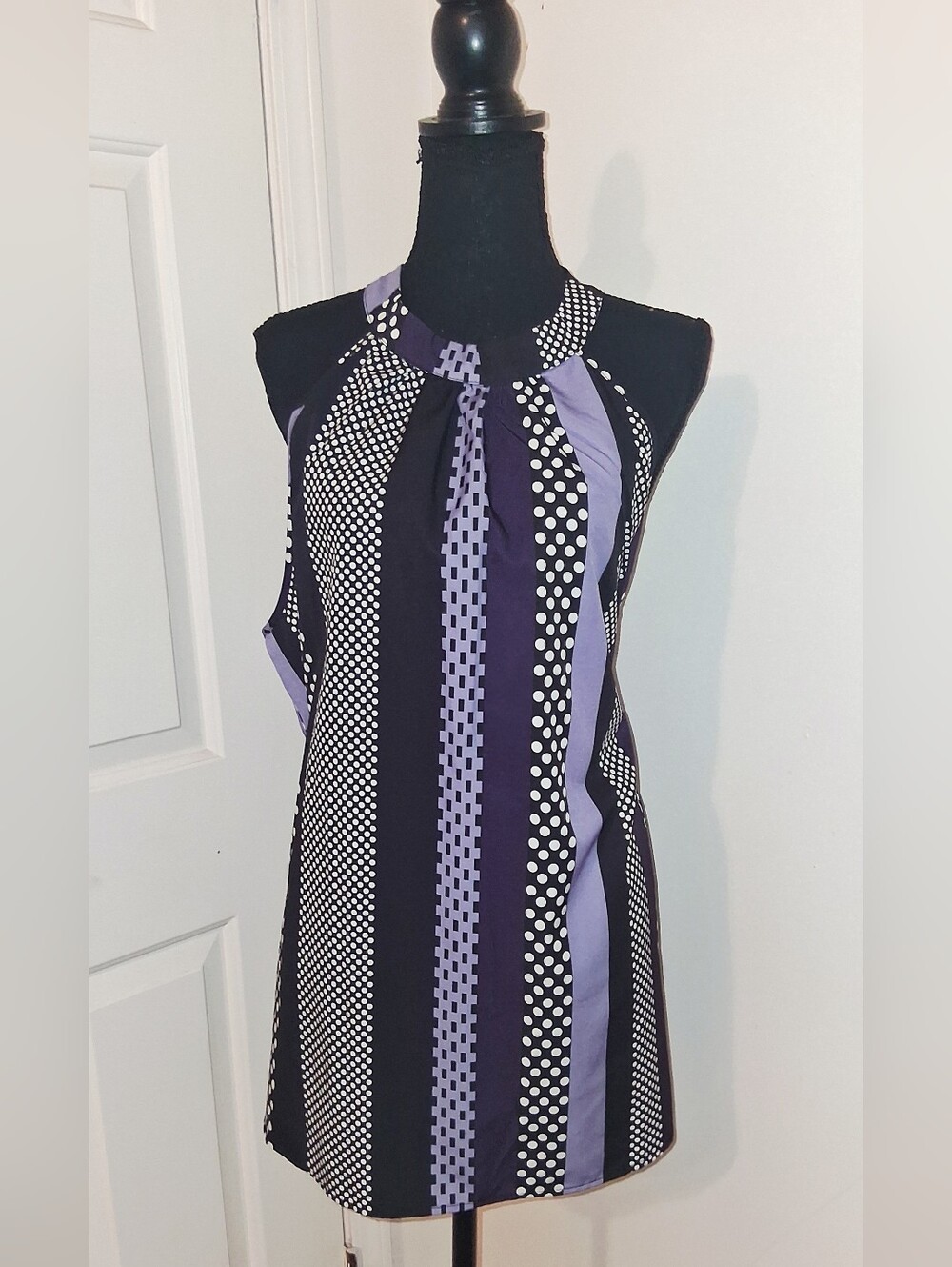 Sleeveless Purple & Black Striped Polka Dot Top